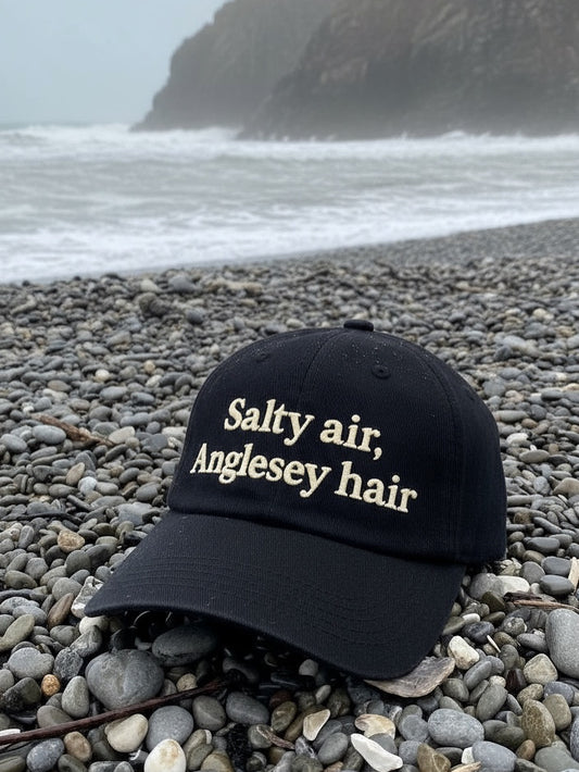🖤 Salty air, Anglesey hair Baseball Cap in Black with Cream embroidery 🐚